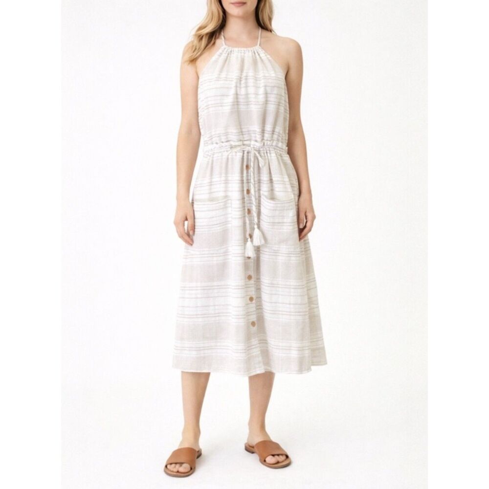 Minkpink Textured Neutral Tan White Striped Midi Halter Summer Dress Size Large